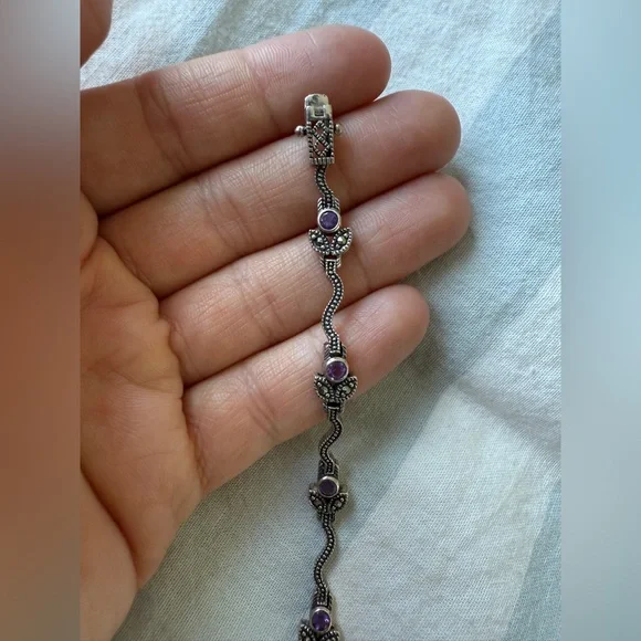 Vintage Sterling Silver, Marcasite and Amethyst Signed Bridgerton Bracelet